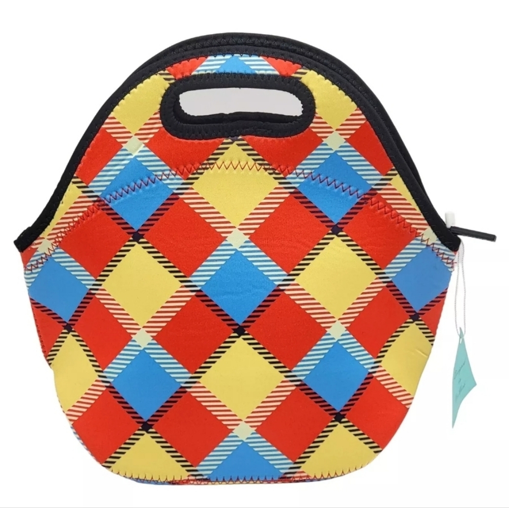 Neoprene Waterproof Thermal Insulated Lunch Tote Bag Retro Geometric Plaid Boho